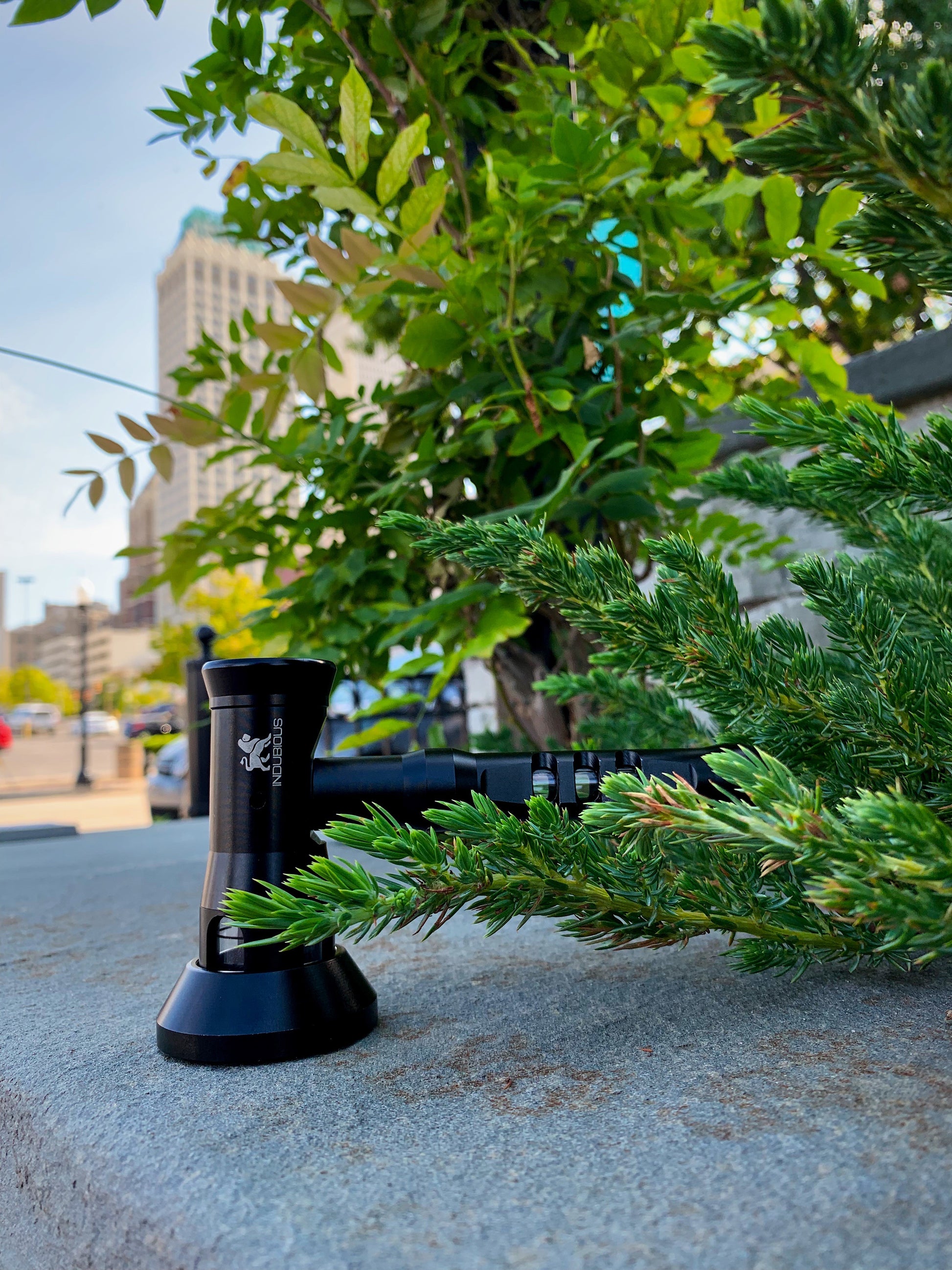 INDUBIOUS Bubbler Water Pipe with Stand. Aircaft grade Aluminum hand pipe with glass bowl, stem and reservoir.