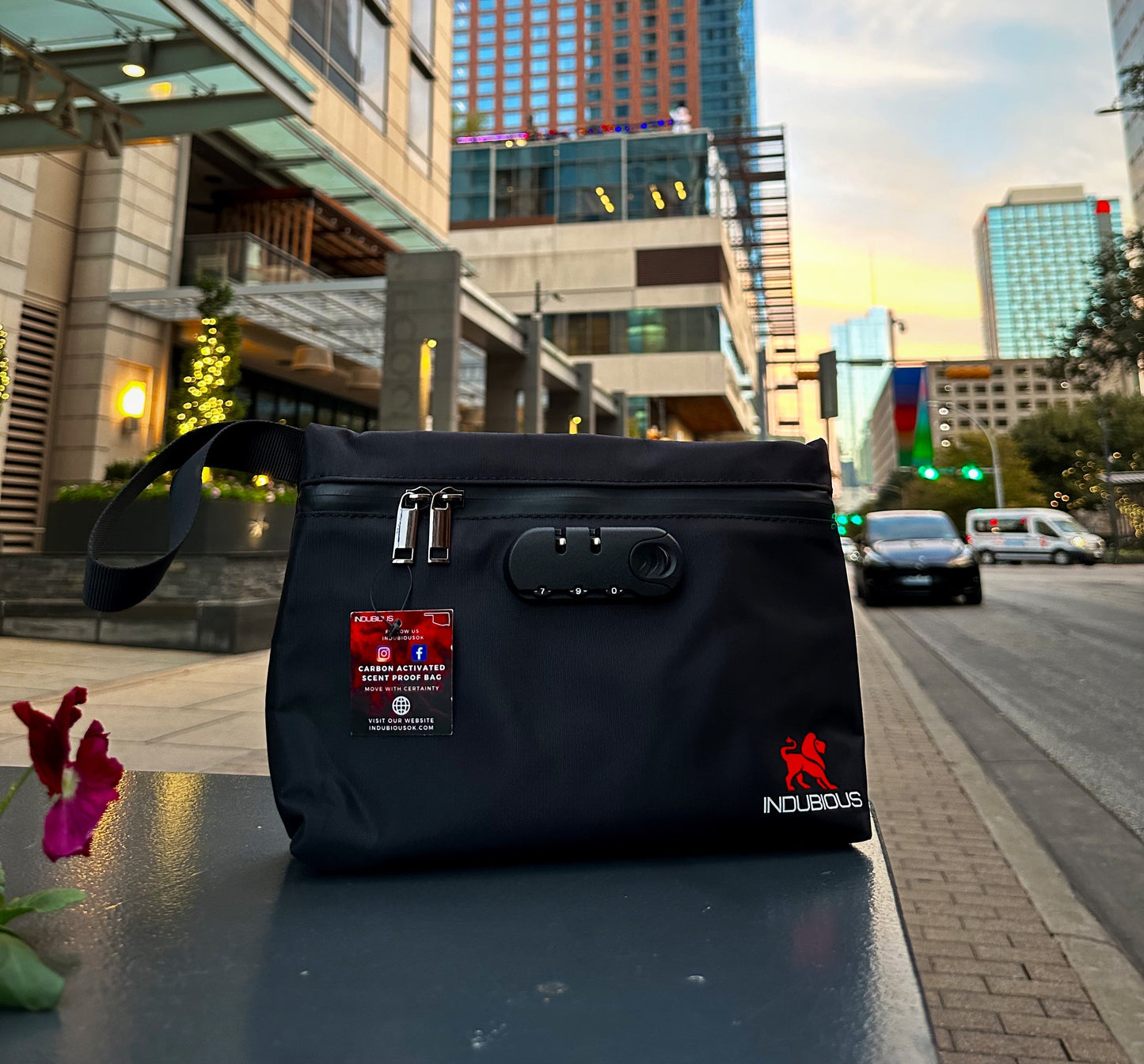 Smell proof combination stash bag with lock. Black smoking accessory stash bag for smokers. Stash bag with lock. INDUBIOUS