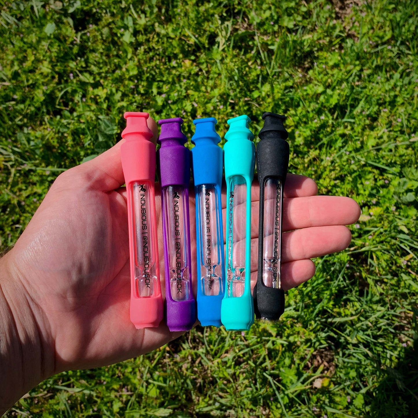 Glass one hitter with silicone sleeve. Durable and colorful glass chillum with silicone for traveling or events. Glass hand pipe for smokers. For him, for her, gifts. Blue pink purple blue teal chillum.