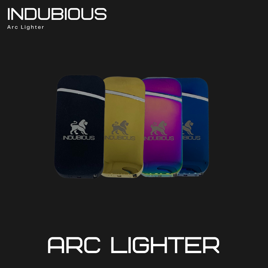 Indubious Arc Lighter. Frosted Black arc lighter, gold arc lighter, polychromatic arc lighter, blue arc lighter. Windproof lighter. Electric lighter. Butane free lighter. Pocket lighter. Rechargeable lighter.