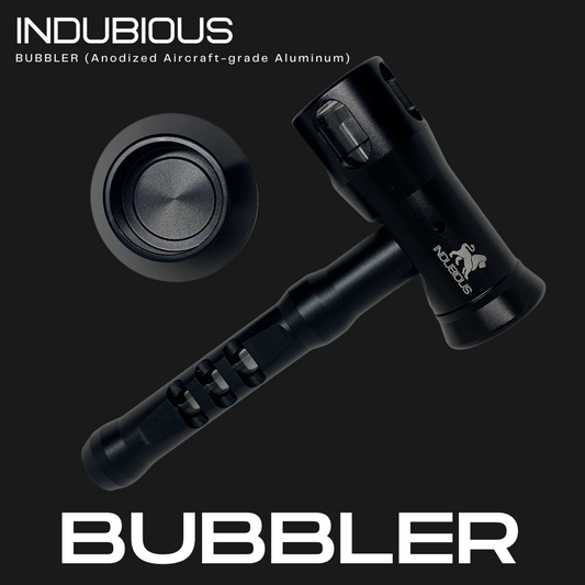 Indubious Bubbler. Black bubbler. Aircraft grade aluminum bubbler. Water bubbler. Metal bubbler with glass inside. Tough Bubbler Pipe. indubiousok.