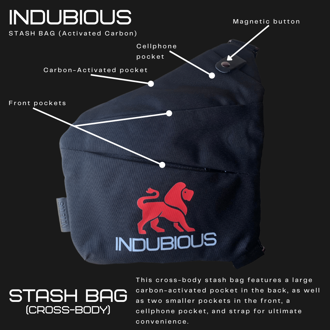 Indubious Carbon Activated Stash Bag. Cross body stash bag. Smoking accessory stash bag. Smell proof bag.