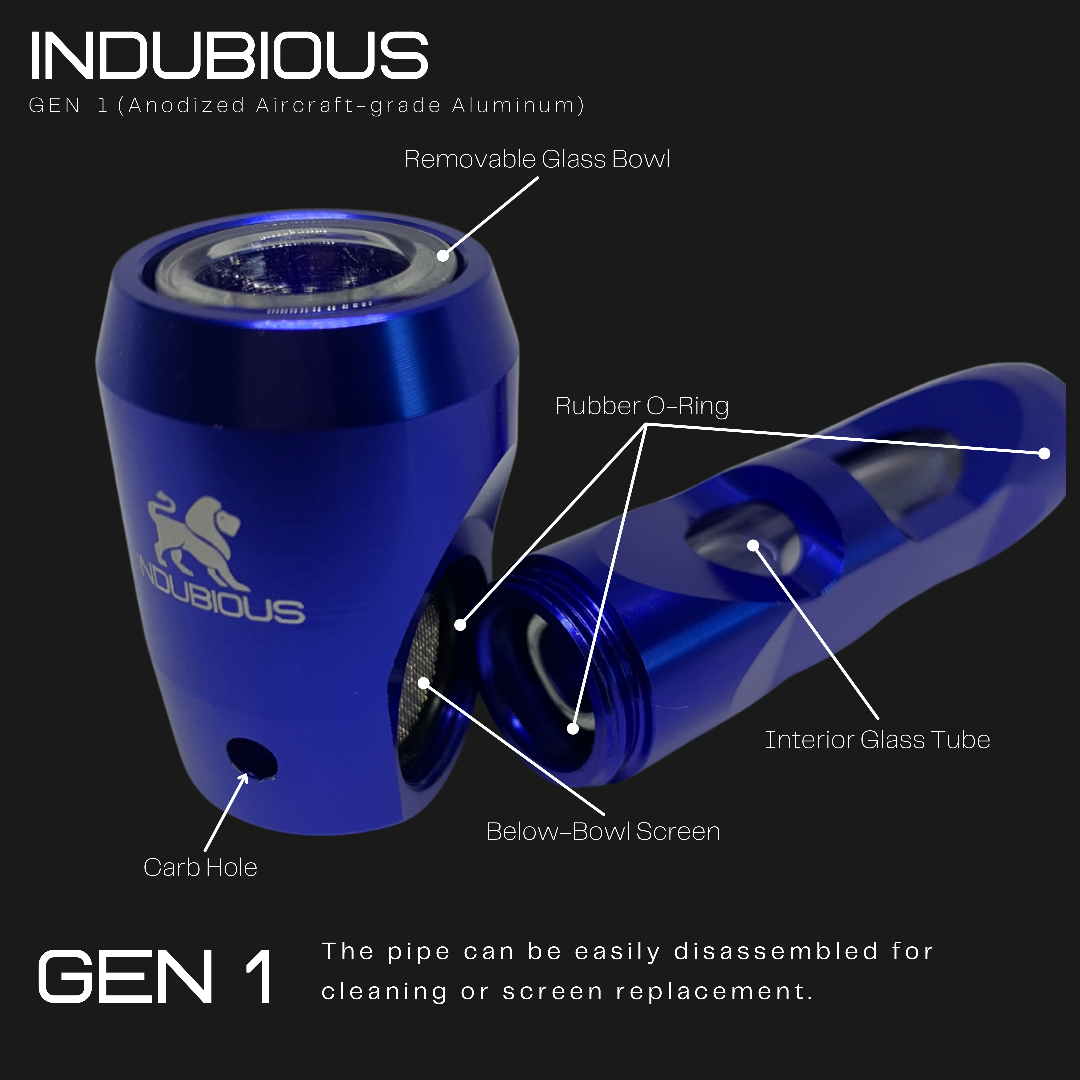 Indubious Gen 1 Aircraft Grade Aluminum Pipe. Tough hand pipe. Smoking Accessories. Metal pipe with glass inside. Blue Indubious pipe.