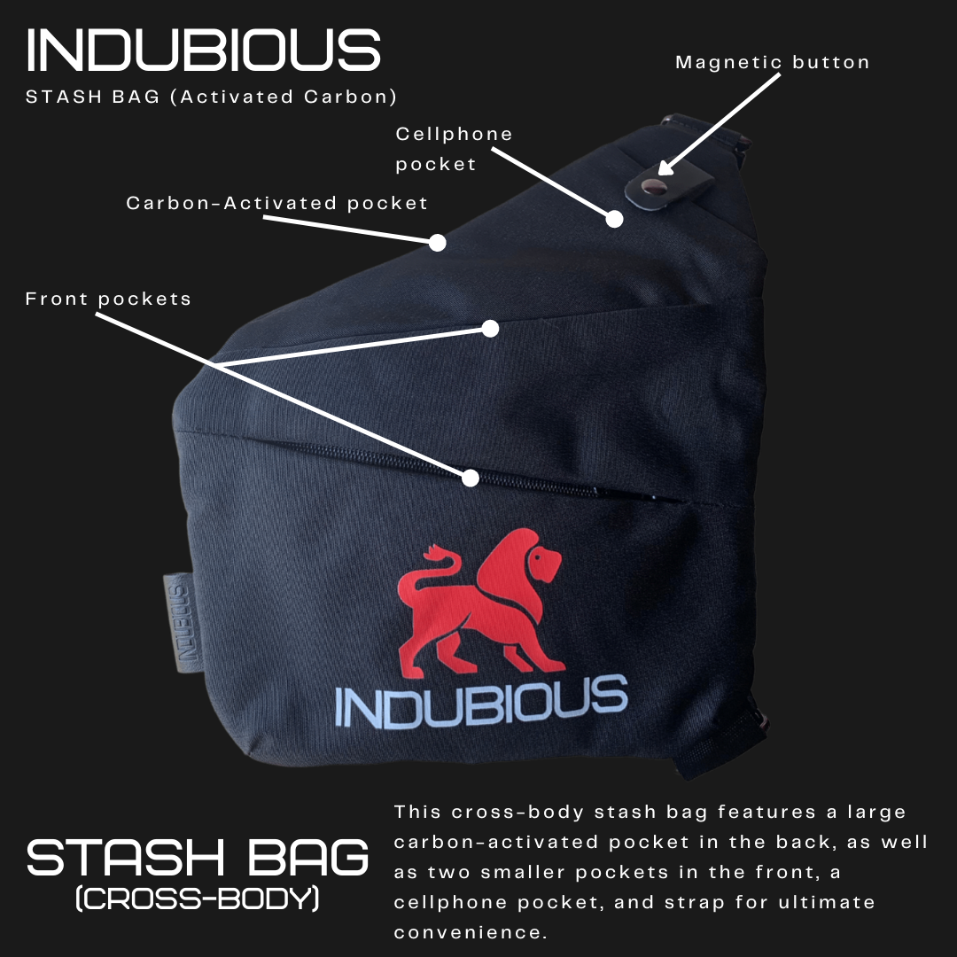 Indubious Carbon Activated Stash Bag. Cross body stash bag. Smoking accessory stash bag. Smell proof bag. 