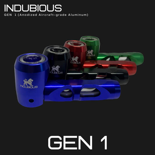Indubious Gen 1 Aircraft Grade Aluminum Pipe with glass inside. Blue pipe, black pipe, red pipe, green pipe. Durable glass pipe. Luxury smoking accessories. Innovative pipe. Luxurious hand pipe. Durable hand pipe.