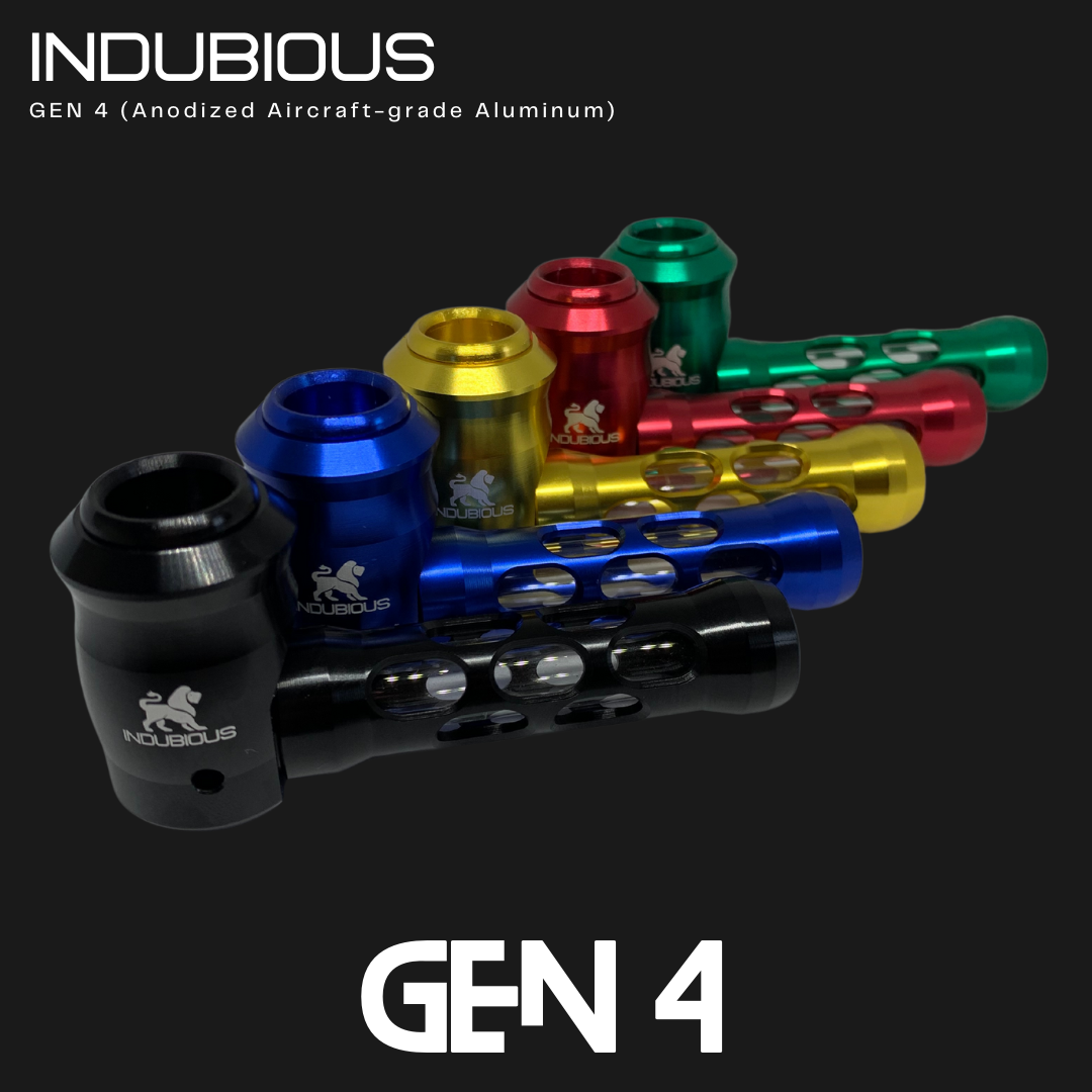 INDUBIOUS Aircraft-Grade Aluminum Hand Pipe with Glass Stem, Metal Unscrewable bowl, Screen and Gaskets. This pipe is extremely durable, futuristic and easy to clean. It is resistant to rust, is non-magnetic and disperses heat very well. 