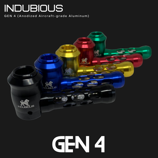 INDUBIOUS Aircraft-Grade Aluminum Hand Pipe with Glass Stem, Metal Unscrewable bowl, Screen and Gaskets. This pipe is extremely durable, futuristic and easy to clean. It is resistant to rust, is non-magnetic and disperses heat very well. 
