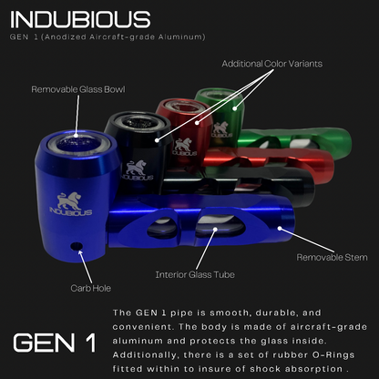 Indubious Gen 1 Aircraft Grade Aluminum Pipe. Green pipe, red pipe, black pipe, blue pipe. Tough hand pipe. Durable metal glass pipe. INDUBIOUS. indubiousok. Oklahoma Smoking Accessroies.  